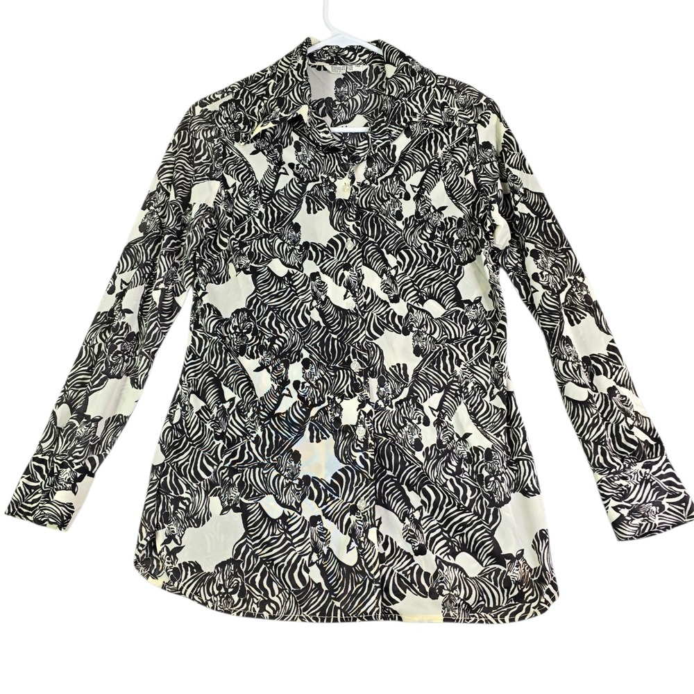 Vintage 80s Zebra‎ Print Button Down Shirt Women 10 Black White Graphic Safari